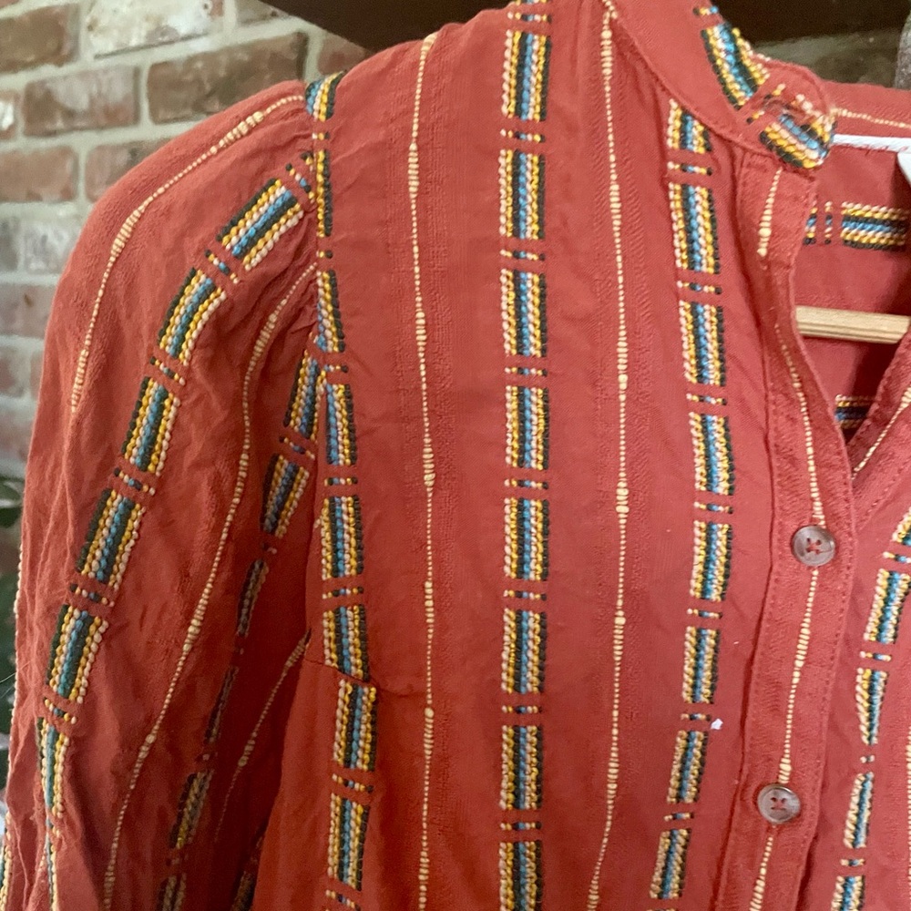 Anthropologie | Pilcro Bella Femme Orange Striped Embroidered Button Down Shirt - Picture 5 of 14